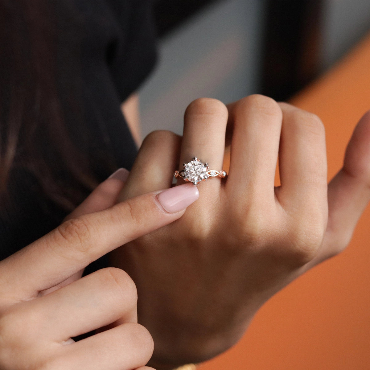 Round Solitaire Floral Pave Prongs Ring With Twisted Shank