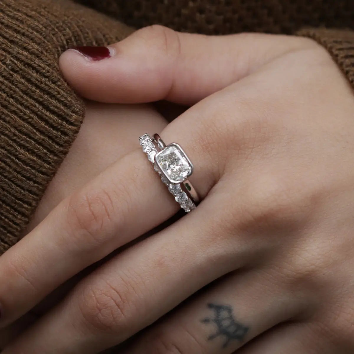 Radiant Cut Diamond Half Bezel East West Ring