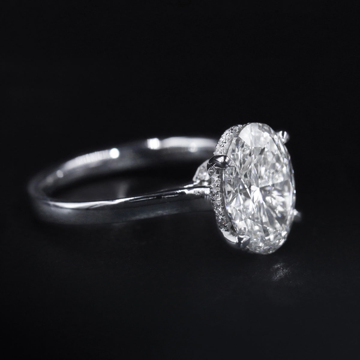 Oval Solitaire Double Hidden Halo Cathedral Ring
