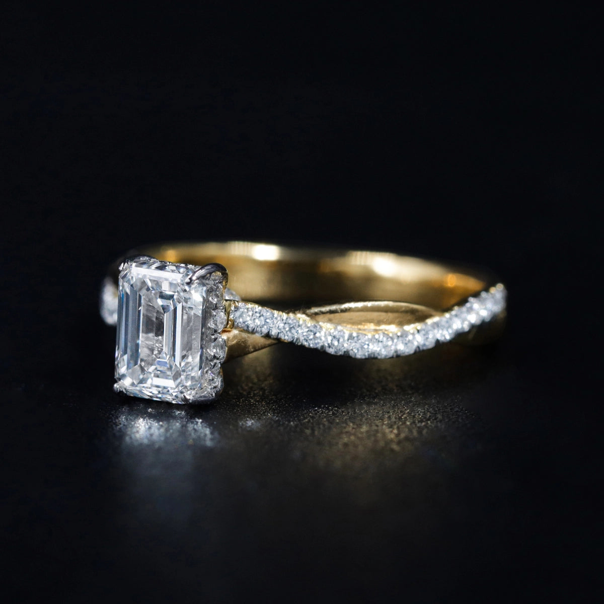 Emerald With Twisted Pave Band & Hidden Halo