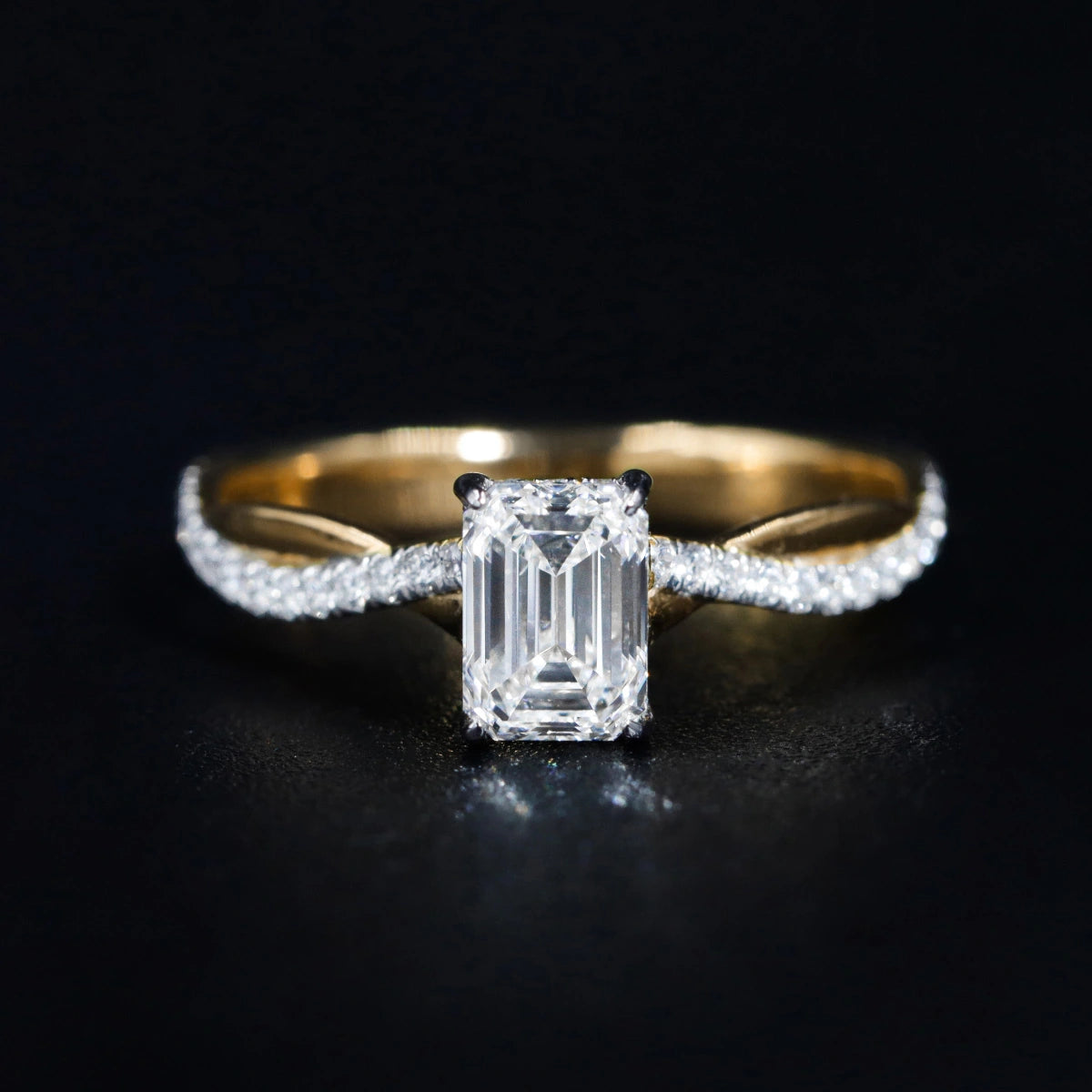 Emerald With Twisted Pave Band & Hidden Halo