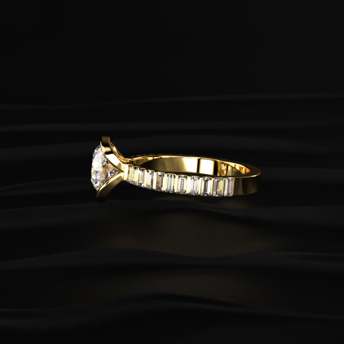 Round Half Bezel Ring With Bar Set Baguettes | Earthly Jewels