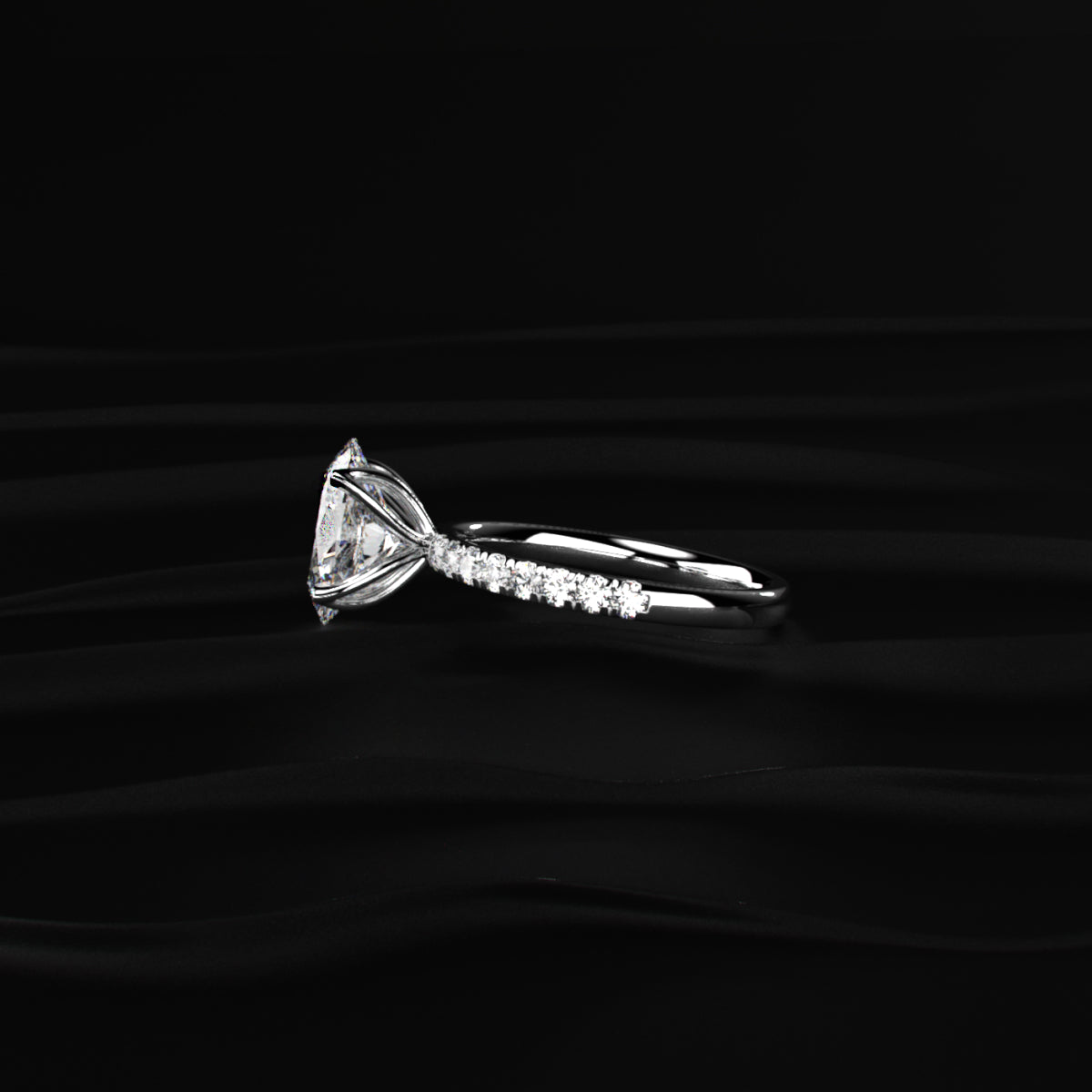 Oval Solitaire Shape Floral Ring With Pave Band