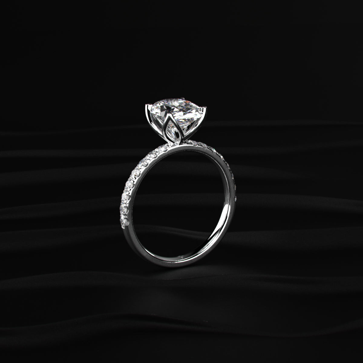 Oval Solitaire Shape Floral Ring With Pave Band