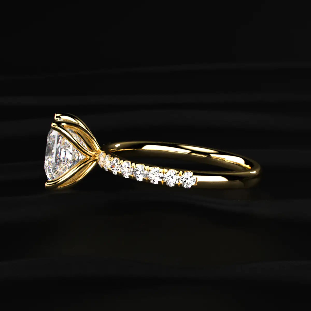 Princess Cut Solitaire Floral Ring With Pave Band | Earthly Jewels