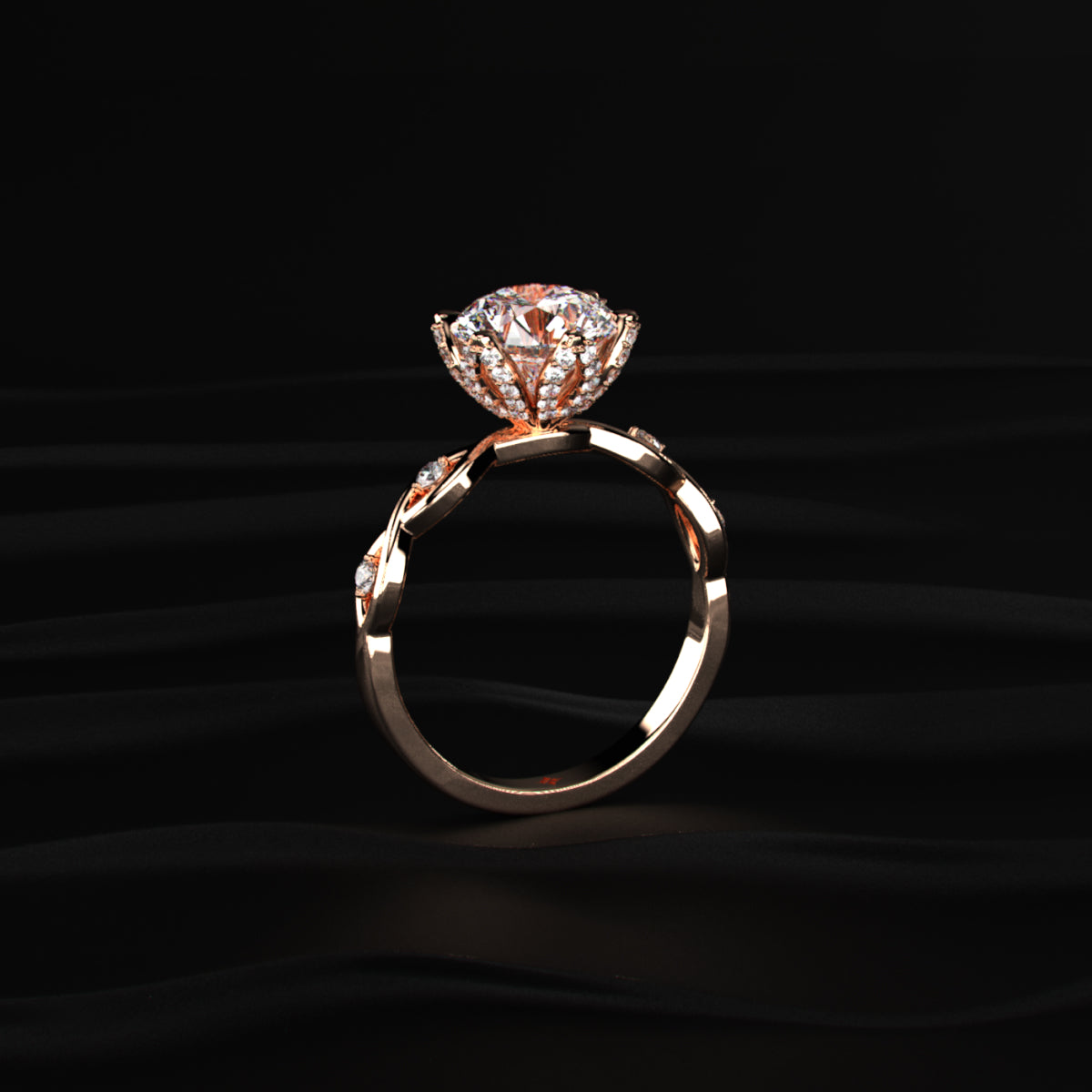 Round Solitaire Floral Pave Prongs Ring With Twisted Shank