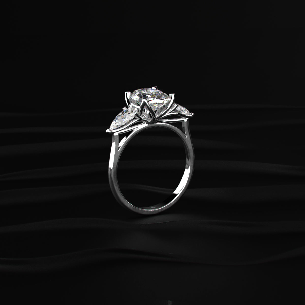 Oval Diamond Triology Ring In Floral Setting With Side Pear