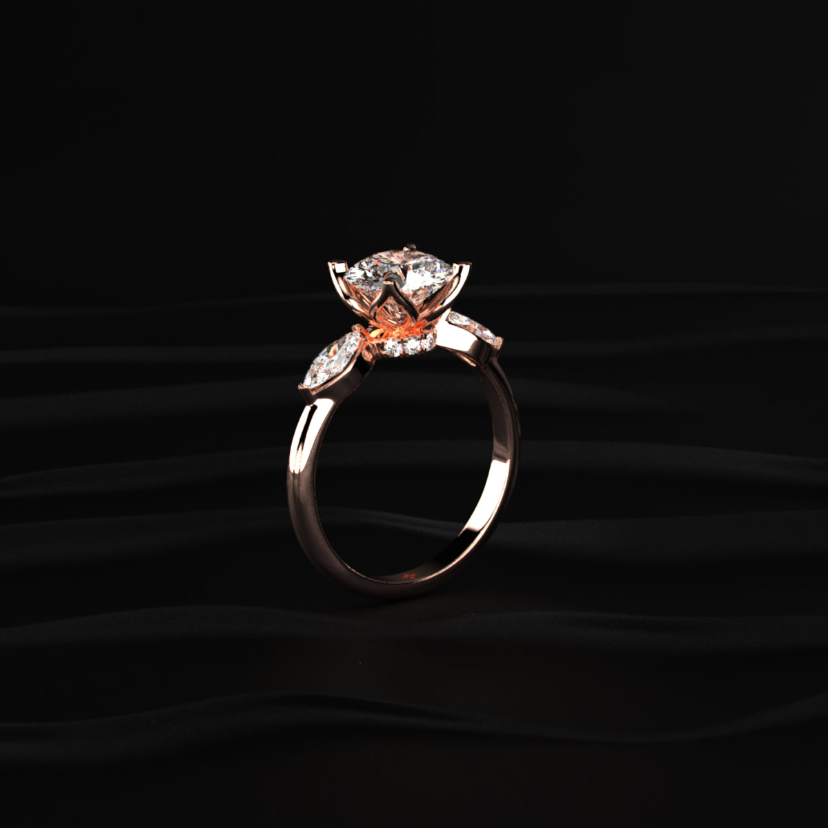 Round Floral Solitaire Ring With Side Marquise Stone
