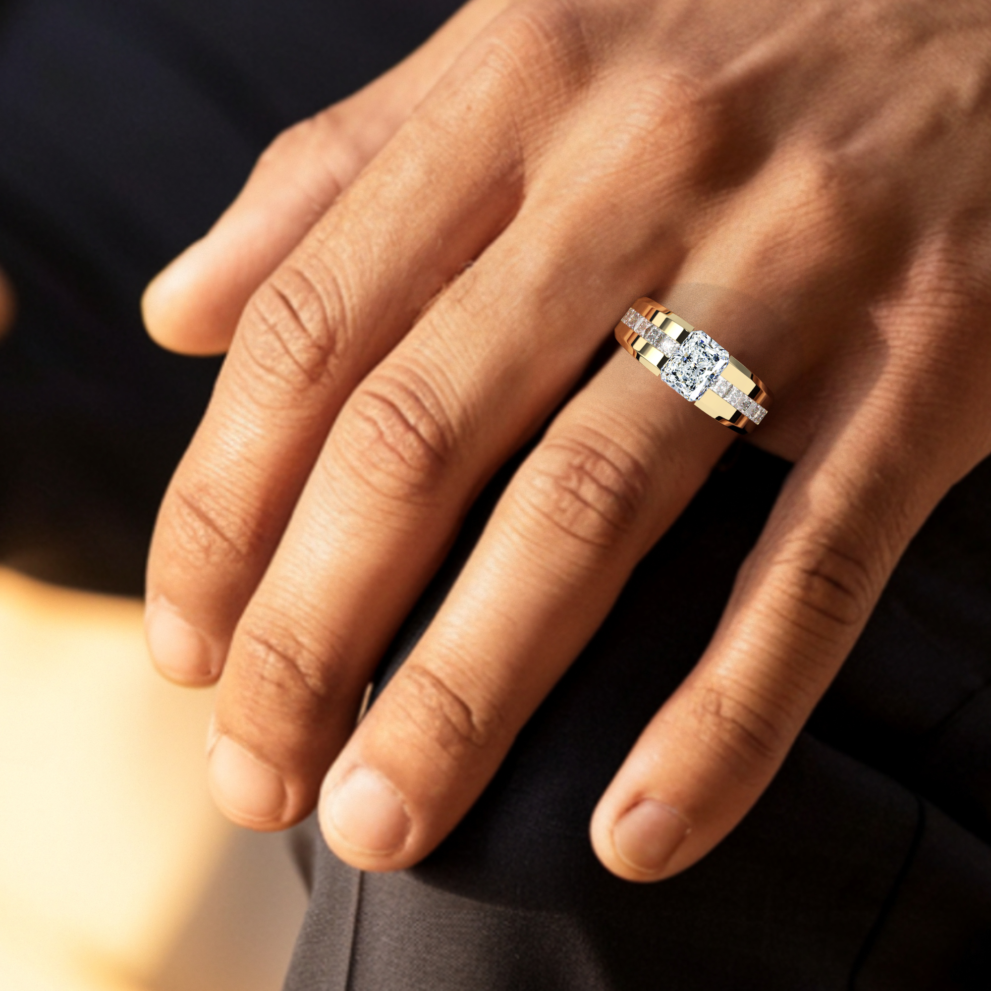 Radiant Cut Diamond Channel Men'S Ring