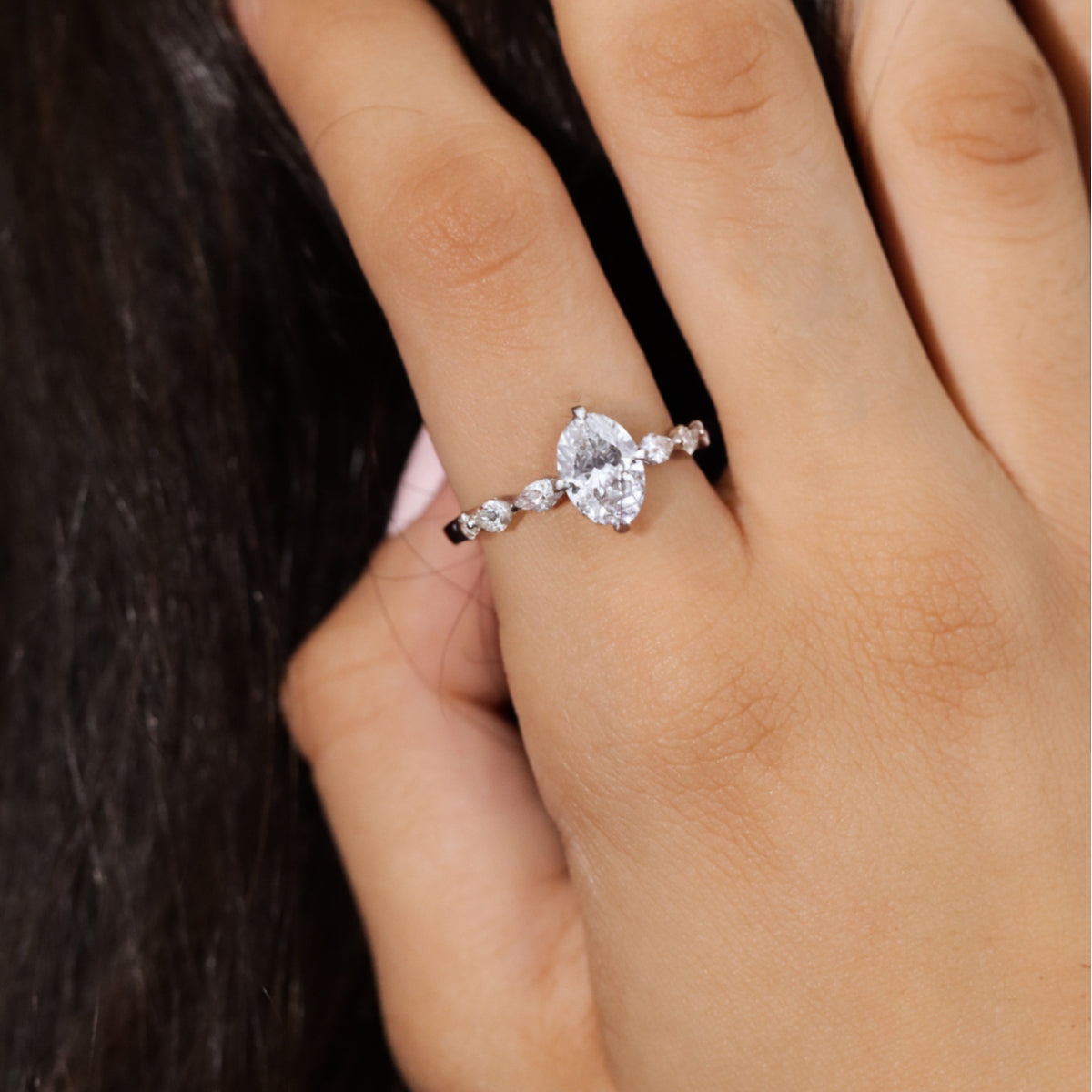 Oval Diamond Ring With Marquise Side Stones | Earthly Jewels